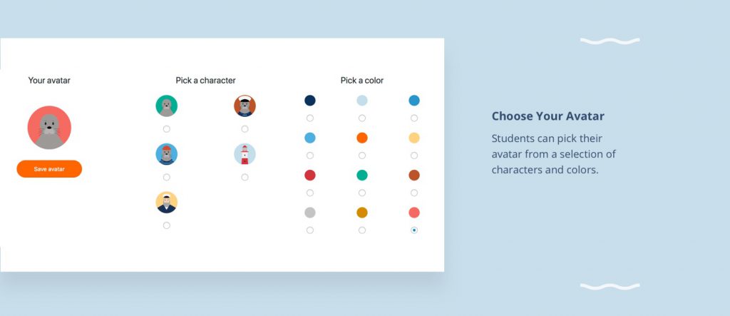 UI for Avatar selection showing a number of colour options and characters.