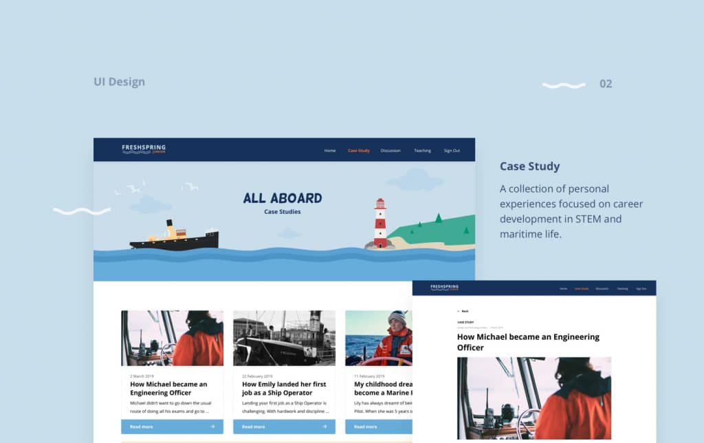 UI of Case study page. A collection of experiences focused on career development in STEM and maritime life.