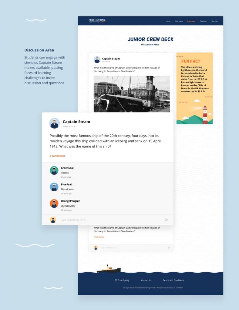 UI of Disscussion page. Students can engage with stimulus Captain Steam makes available, putting forward learning challenges to incite discussion and questions.