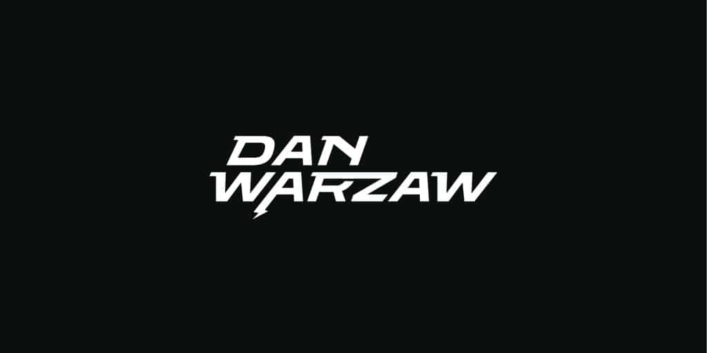 Dan Warzaw logo. A white wordmark that's slanted on a black background.