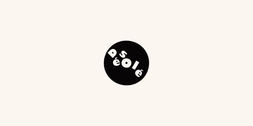 Collage style type of the word Desole positioned diagonally from top left to bottom right. In a black circle with the letter O being extra bold acting as the label for a vinyl record.