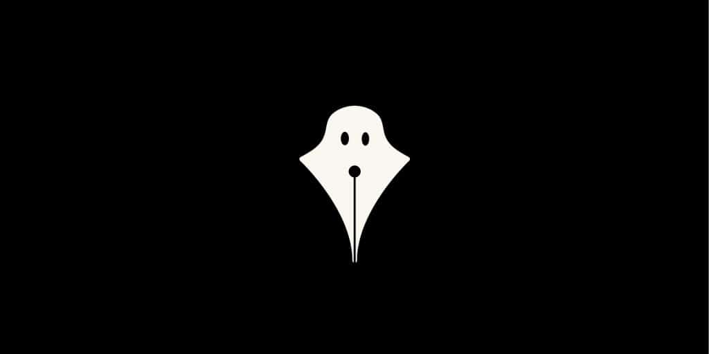 Logo white on black background. A negative space design of a ghost symbol that also appears as a fountain pen.