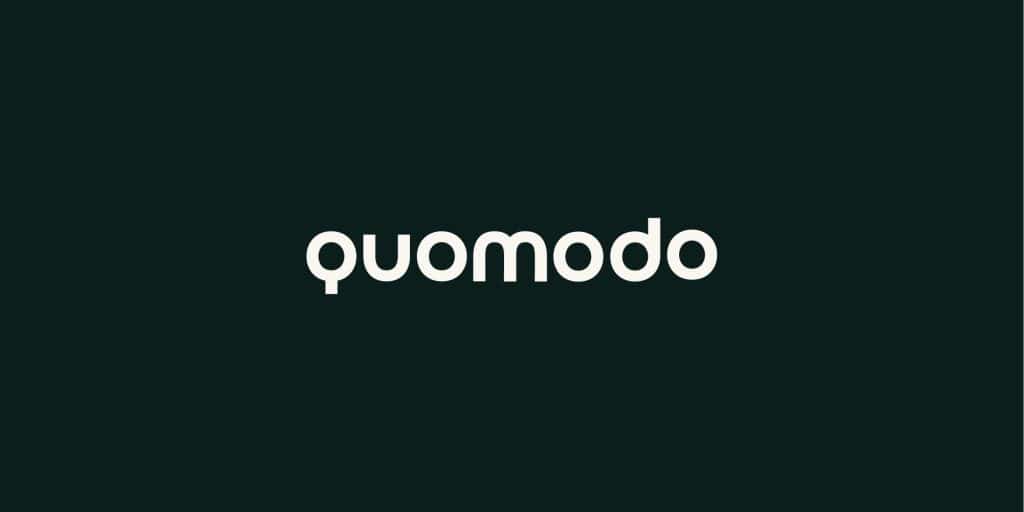 Quomodo written in a rounded font in white on a dark green background.