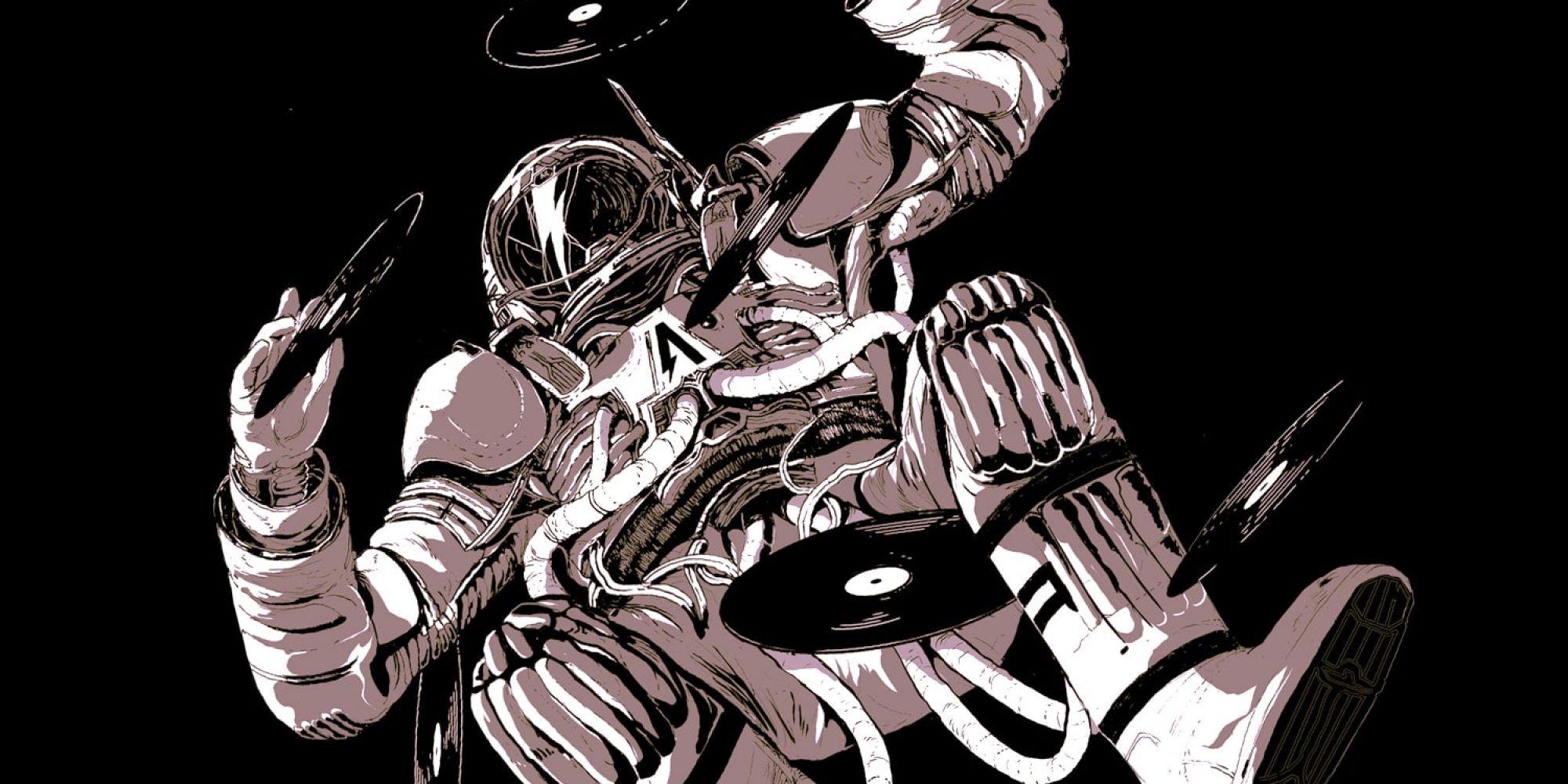 Illustrated in monochrome black and white. An astronaut floats in space surrounded by vinyl records.