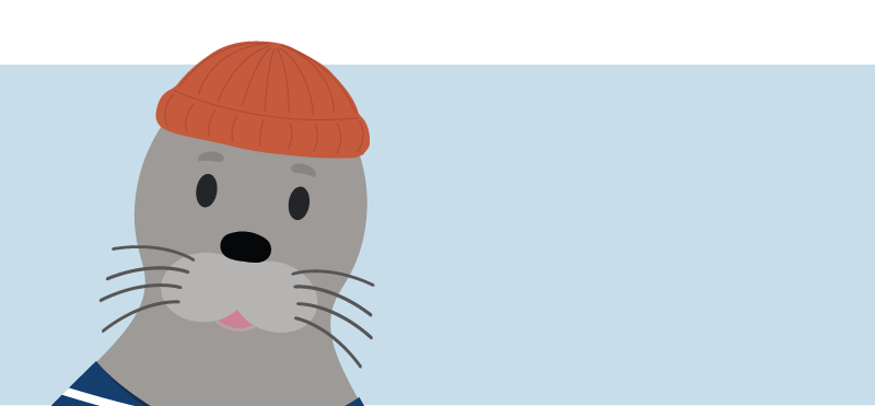Illustration of A Seal character with a orange woollen hat on a blue background.