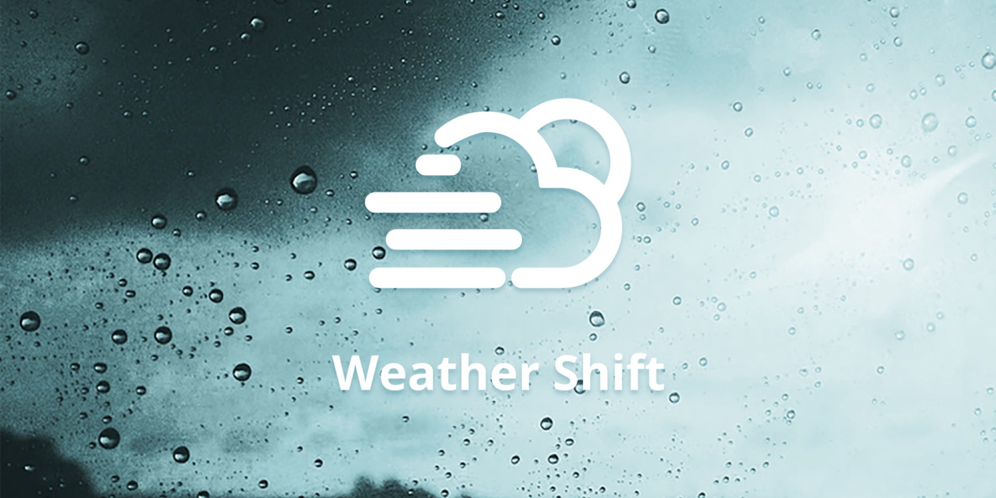 Weather Shift logo. Logo portraying the sun, a cloud and wind. The logo is on background of rain running down a window.