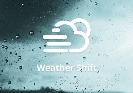 Weather Shift logo. Logo portraying the sun, a cloud and wind. The logo is on background of rain running down a window.