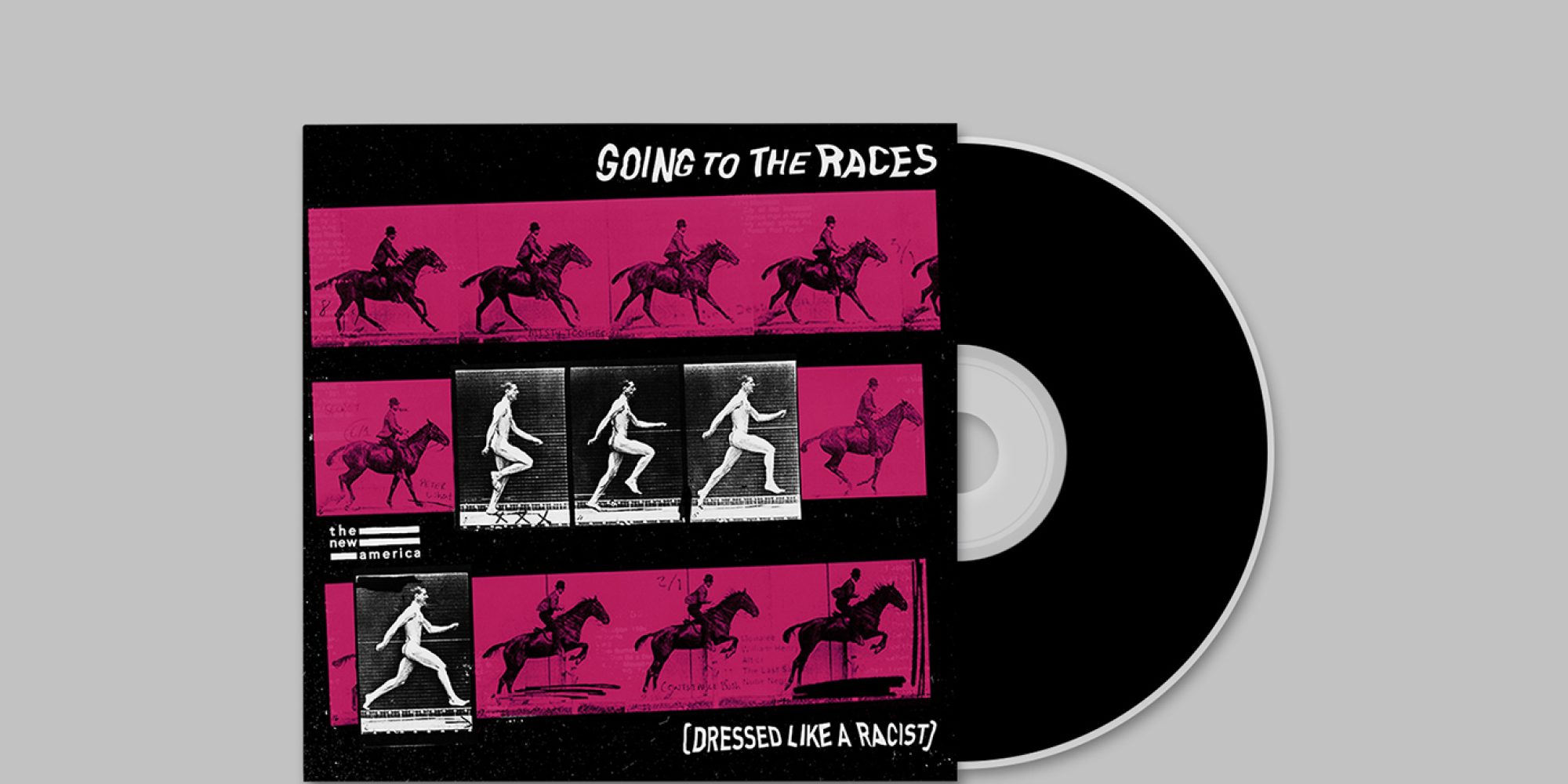 EP with disc sliding from cover. The cover artwork is pink and black with film strips of horse running intercut with a naked man running.