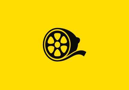 Lemon Press, black on yellow background. A silhouetted lemon cross-section that also appears as a film reel with celluloid unspawling away from the lemon.