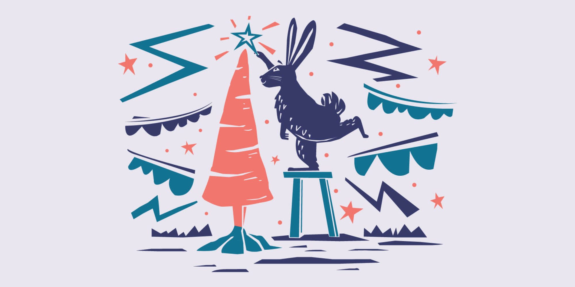 Illustration of a rabbit leaning on a stool to put a star on top of an upright carrot which appears as if a Christmas tree