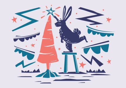 Illustration of a rabbit leaning on a stool to put a star on top of an upright carrot which appears as if a Christmas tree